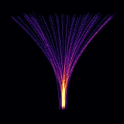 The same track density on a 0.5 mm grid, showing the single streamlines of the fan's spread-out end