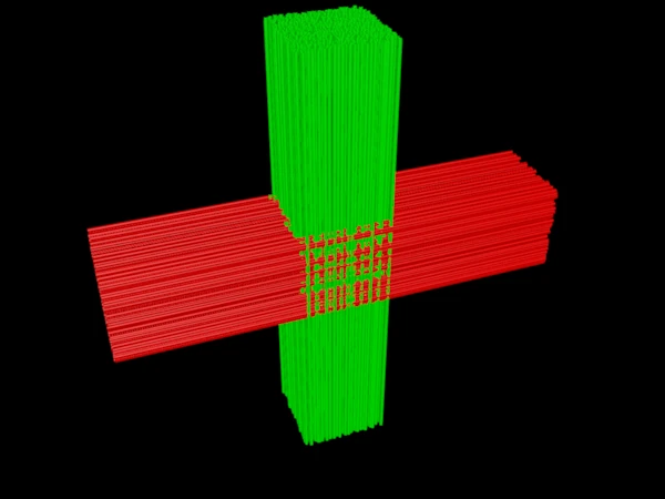 Streamlines of two synthetic bundles crossing at right angles, drawn as tubes in 3D: one red, running left to right, one green, running front to back