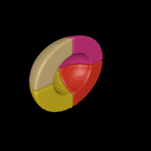 Four regions of the parcellation drawn as coloured surfaces in the 3D view